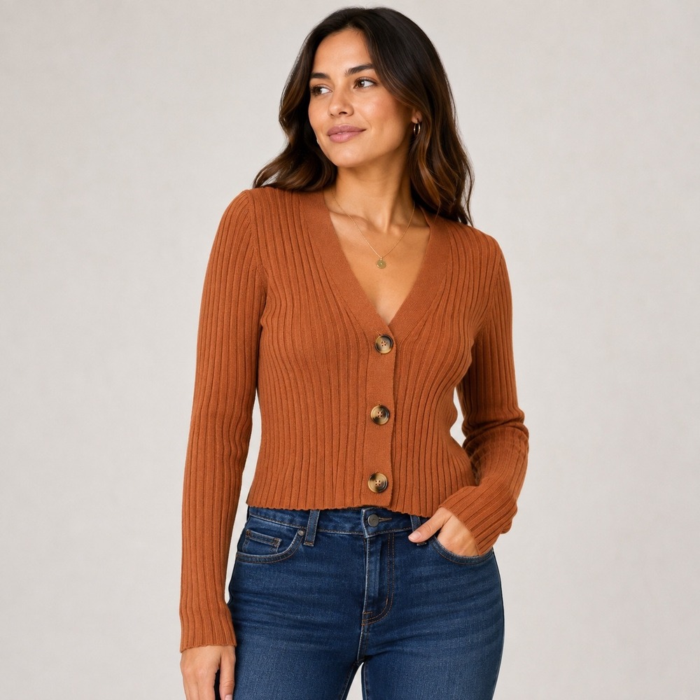 Madewell Ribbed V-Neck Cropped Cardigan Sweater Rust Orange Size M